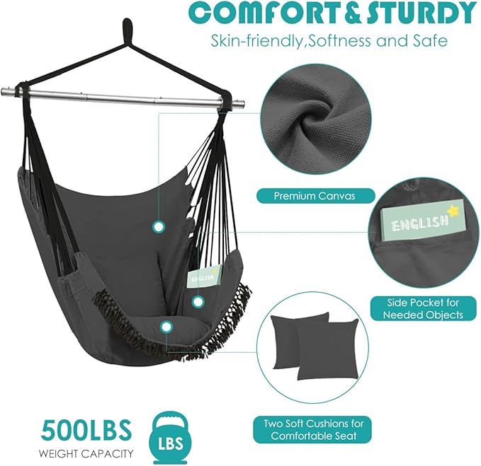 Hammock Swing Chair, Hanging Chair with Pocket, Detachable Steel Support Bar, 500lbs Capacity, Cotton Weave Hammock Chair, 2 Soft Cushions Indoor and Outdoor Dark Grey