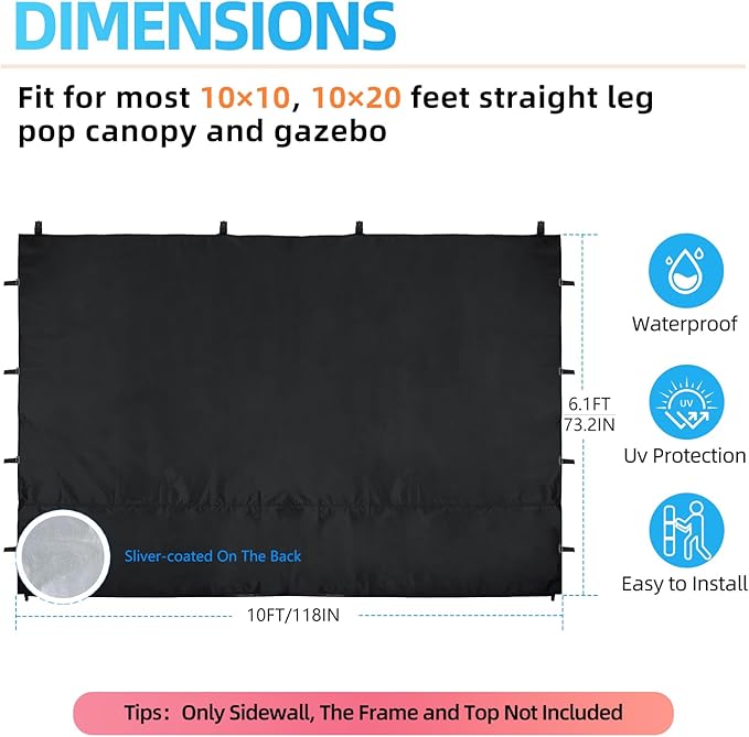 Joramoy Instant Canopy Sidewall 10×10 for Pop Up Tent, Waterproof Sunwall for Straight Leg Canopy with UV Protection, 1 Pack Side Panels Only(10×10, Black)
