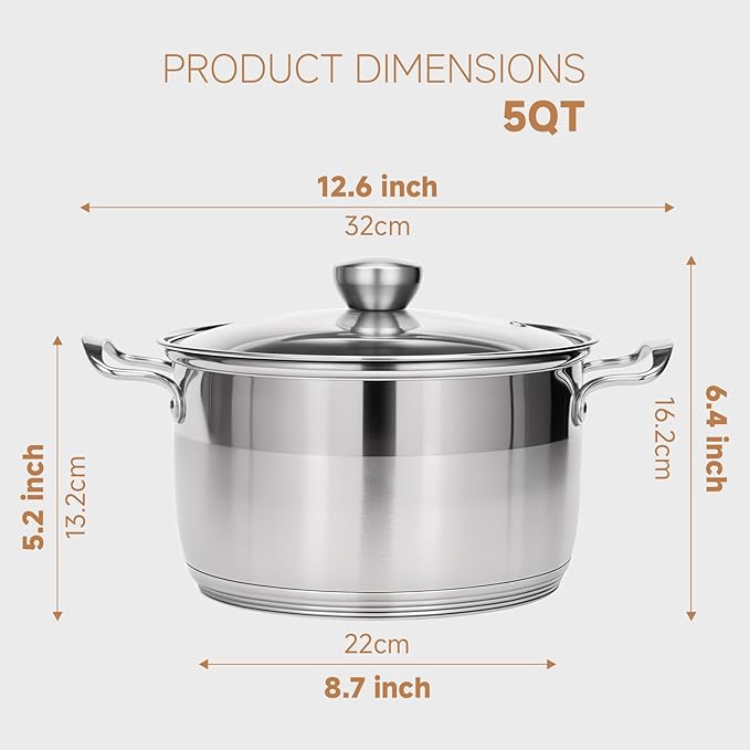 Ohtomber 5 Quart Dutch Pot - Stainless Steel Stock Cooking Induction Pot with Lid for Pasta, Soup, Spaghetti, Nonstick Thick Base Stockpot, Kitchen Cookware for Stew, Simmer, Boiling