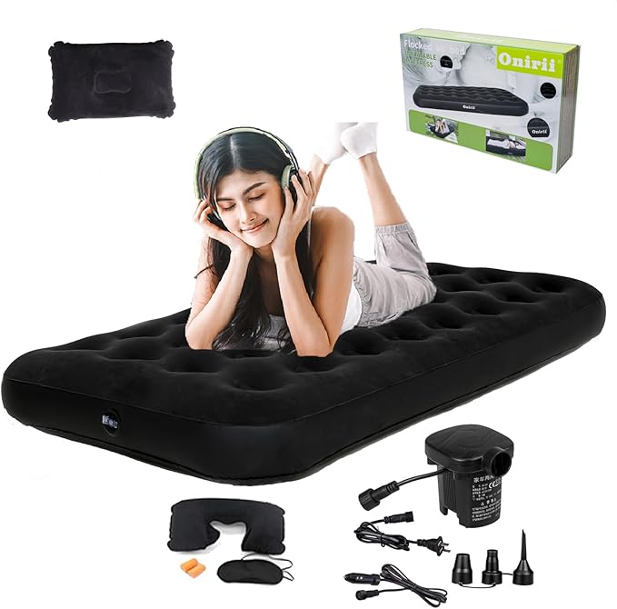Twin Size Single Camping Air Mattress Bed with Air Pump,75"x 39"Thickened Portable Inflatable Mattress Blow Up Air Mattress,Travel Sleeping Bed Pad for Camping Home Hiking(Black)