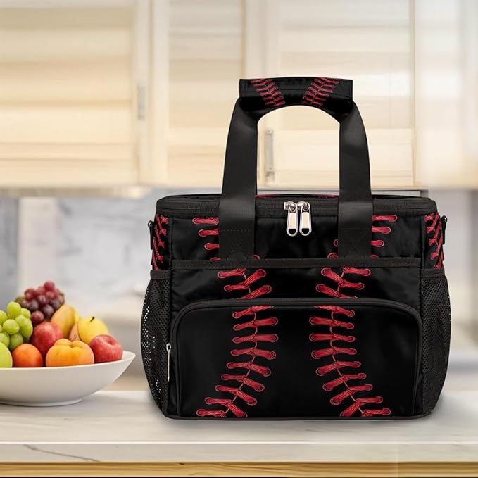Black Baseball Stitches Laces Soft Cooler Bag Insulated Lunch Box for Men & Women, Large Leakproof Lunch Bag Portable Beach Cooler for Work, Picnic, Road Trips,Fishing, Travel, Camping,A-4