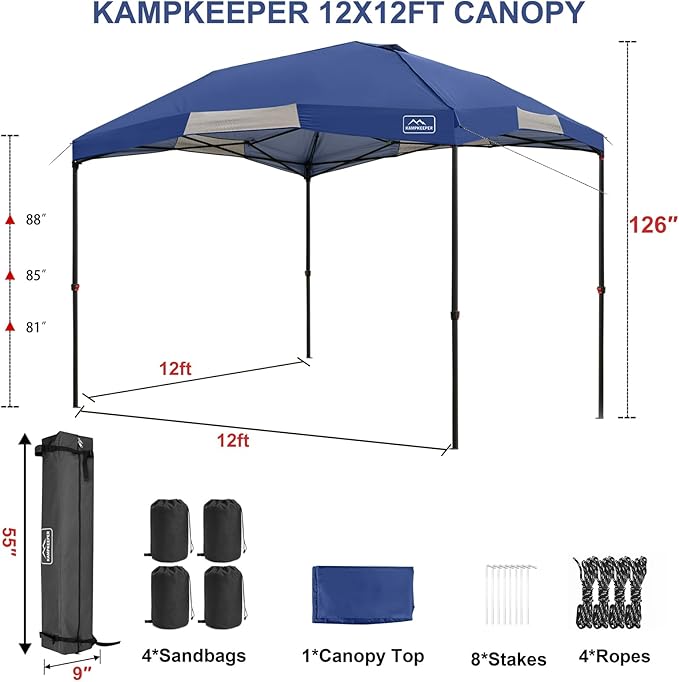 KAMPKEEPER 12x12 Pop Up Canopy Tent,Heavy Duty Outdoor Sun Shade for Events,Camping,Parties - Polygonal Patio Gazebo with Wheeled Bag,4 sandbags(Navy Blue)