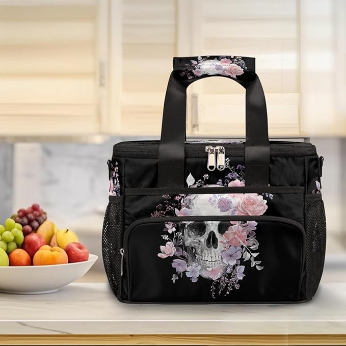 Skull Flower Floral Soft Cooler Bag Insulated Lunch Box for Men & Women, Large Leakproof Lunch Bag Portable Beach Cooler for Work, Picnic, Road Trips,Fishing, Travel, Camping,A-19