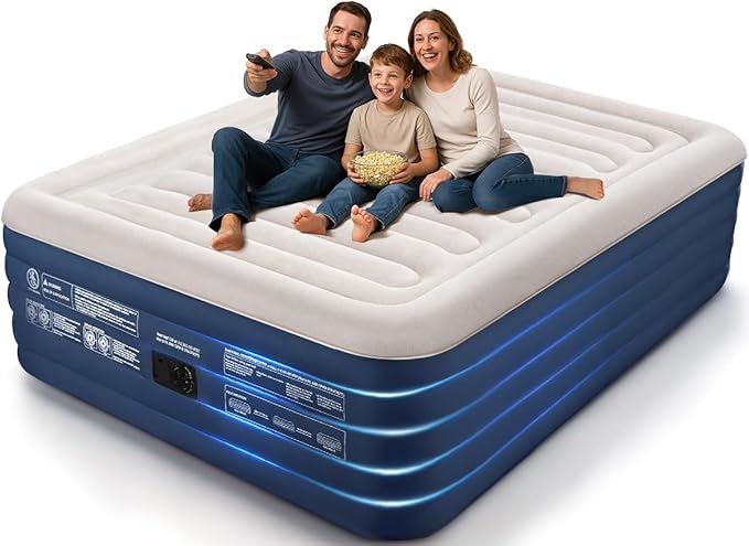 KINGJERRY Queen Air Mattress with Built-in Pump, 18" Raised Comfort Inflatable Mattress with Leak-Proof Air Chamber, 800 lbs Heavy-Duty Support, Thick & Durable Blow Up Bed for Home, Guests & Camping