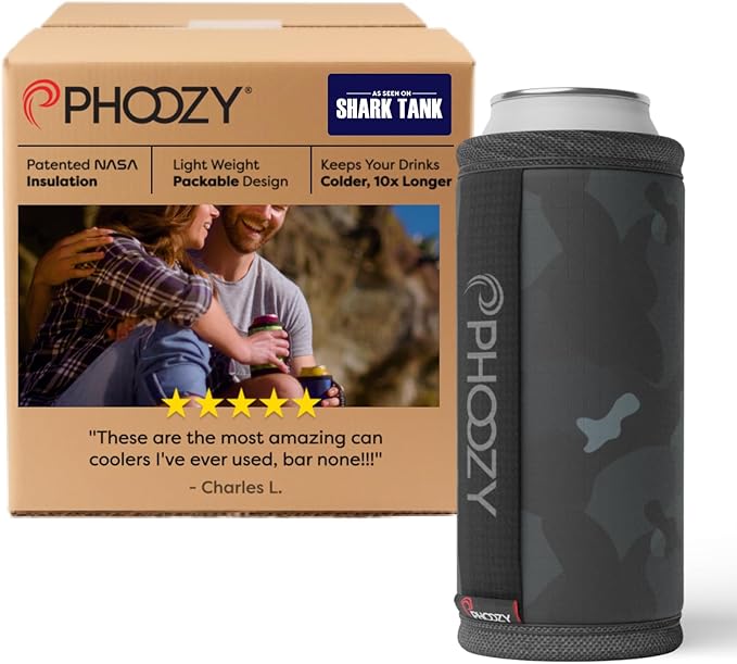 PHOOZY Insulated Can Cooler for Slim 12oz Cans with NASA-Inspired Technology - Patented Koozie That Keeps Drinks Cold 10x Longer - Lightweight Beer Koozie for Outdoor Adventures - Black Camo