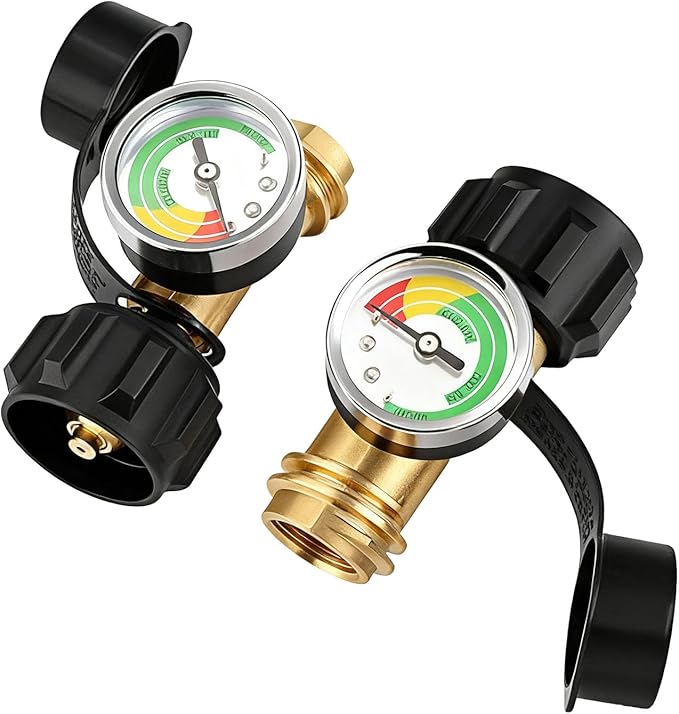 Propane Tank Gauge Gas Pressure Meter, QCC1/Type 1 Connection Solid Brass Weatherproof, Easy Read Level Indicator for Grill RV Camper Fire Pit Camping Stove Patio Heater 5-40 LB Cylinders (2-Pack)