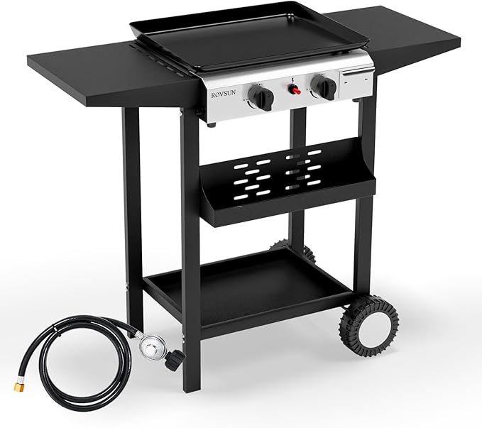 ROVSUN 2 Burner Portable Propane Griddle with Electronic Ignition, 20000 BTU Rolling Flat Top Gas Grill with Nonstick Enameled Tray, Side Shelves & Regulator for Outdoor Cooking Camping BBQ Tailgating