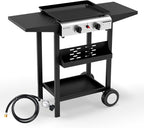 ROVSUN 2 Burner Portable Propane Griddle with Electronic Ignition, 20000 BTU Rolling Flat Top Gas Grill with Nonstick Enameled Tray, Side Shelves & Regulator for Outdoor Cooking Camping BBQ Tailgating
