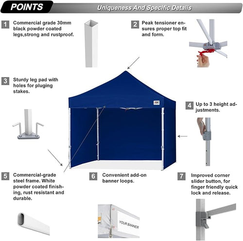 ABCCANOPY Easy Pop Up Canopy Tent with Sidewalls 10x10 Commercial -Series, Navy Blue
