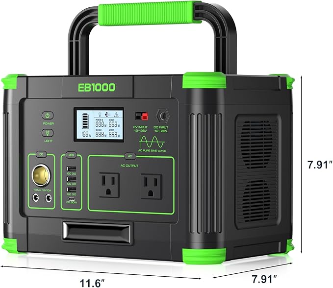 Solar Generator 1000W (Peak 2000W), 999Wh Portable Power Station with 110V Pure Sine Wave AC Outlets, 60W USB-C PD Fast Charging, for Home Backup, RV Camping, Travel & Emergency Off-Grid Living