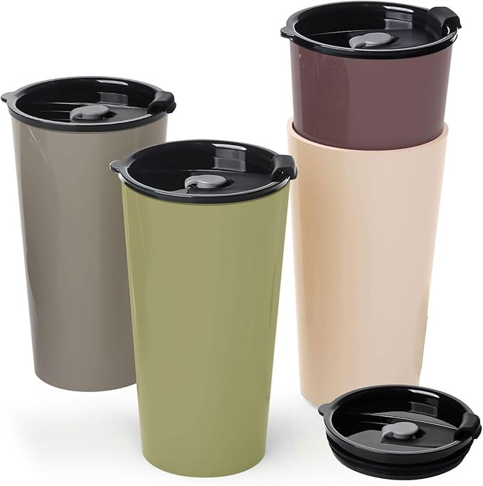 4 Pack Plastic Travel Coffee Mug Set, 20 oz Spill Proof Drinking Cups with Lids, Pobtable to Go Camping Coffee Tumbler Reusable Coffee Mugs with Lids, Dishwasher & Microwave Safe