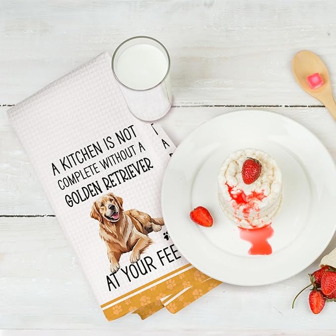 2Pcs Funny Dog Kitchen Towels 24x14 Inch, Cute Golden Retriever Waffle Weave Dish Towels for Kitchen Home, White Absorbent Microfiber Hand Tea Towel, Golden Retriever Gifts for Women Dog Lovers 1