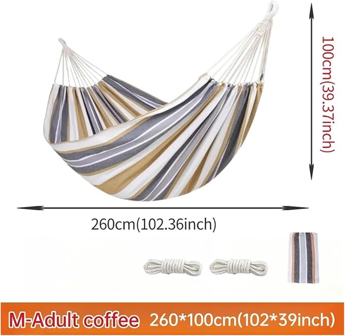 Canvas Single Hammock Thick Durable Striped Indoor Courtyard Camping Swing Chair Hammocks Home Outdoor Furniture(Coffee-M-260X100CM)