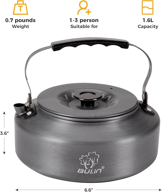 Bulin Camping Kettle, Large Portable Stovetop Tea Kettle Fast Heating Boiling Hot Water for Open Fire Lightweight Coffee Pot with Anti-Scald Handle & Carry Bag for Outdoor Hiking，Grey-1.6L