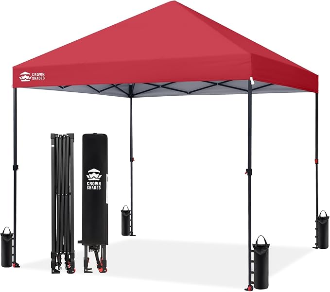 CROWN SHADES 8x8 Pop Up Canopy - Patented Center Lock One Push Instant Outdoor Canopy Beach Tent with STO-N-Go Bag 8 Stakes & 4 Sand Bags,Red