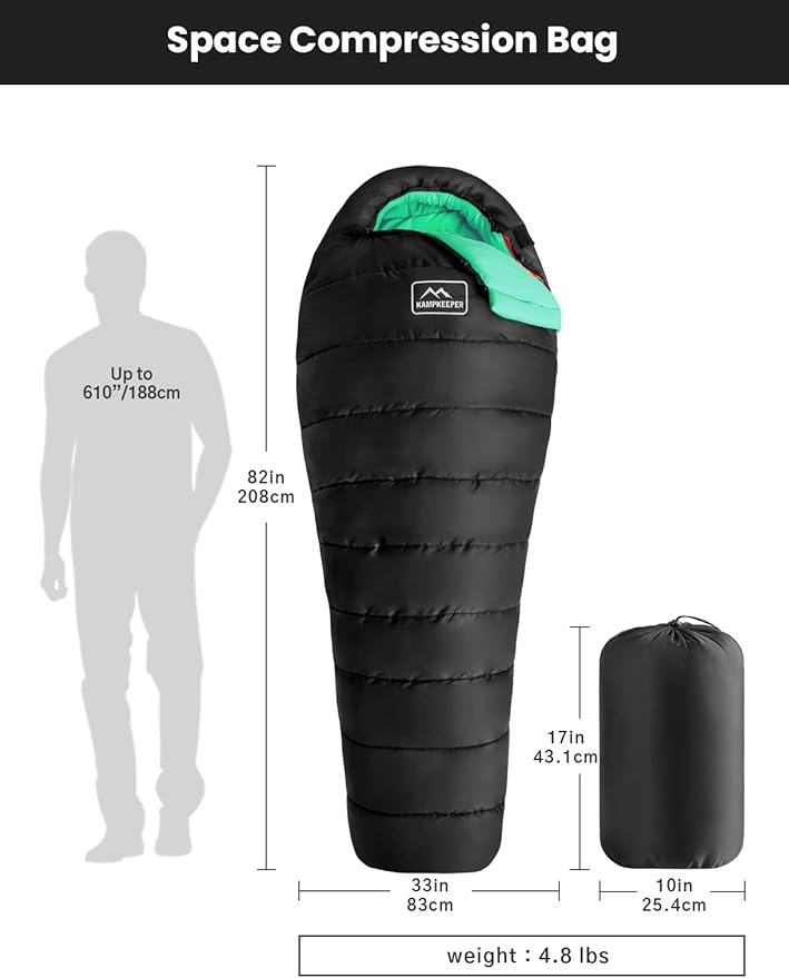 KAMPKEEPER Mummy Sleeping Bag, Cold Weather Camping Sleeping Bag, 32℉ 3-4 Seasons Adults Sleeping Bag, Non-Snag Zipper with Adjustable Hood for Backpacking, Hiking