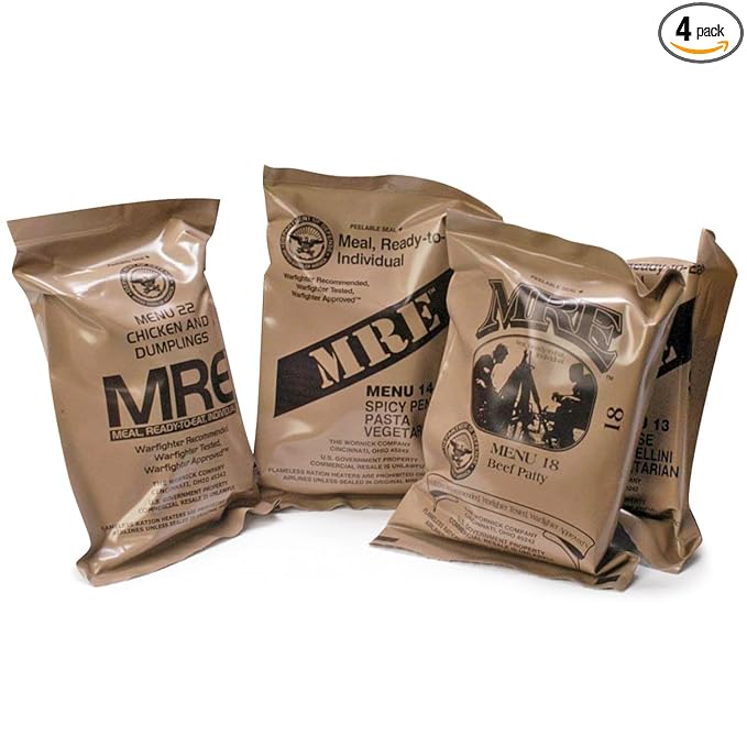 MRE Meal Ready to Eat Meals - Pack Of 4 - Emergency MRE Meals For Camping Hiking & Other Outdoor Activities Nutritional Emergency Food Rations - Freeze Dried Food w/ Flameless Heater, Entree, Dessert, & More - MRE Kit for Emergency Survival, Hunting, &...