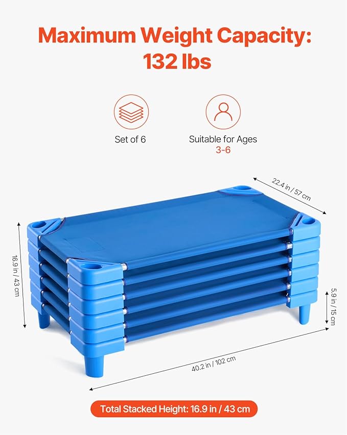VEVOR Stackable Kiddie Cot, 6 Pack Portable Toddler Nap Cots, Standard Size 40" L x 23" W Daycare Cots for Kids, Preschool Classroom Daycare Beds for Sleeping, Resting, Naptime, Blue