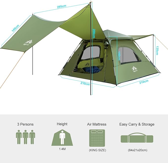 Night Cat 3-Person Camping Tent: Waterproof Instant Cabin Tent with Canopy Tarp for Family, 2-in-1 Canopy Tent with Porch Easy Setup