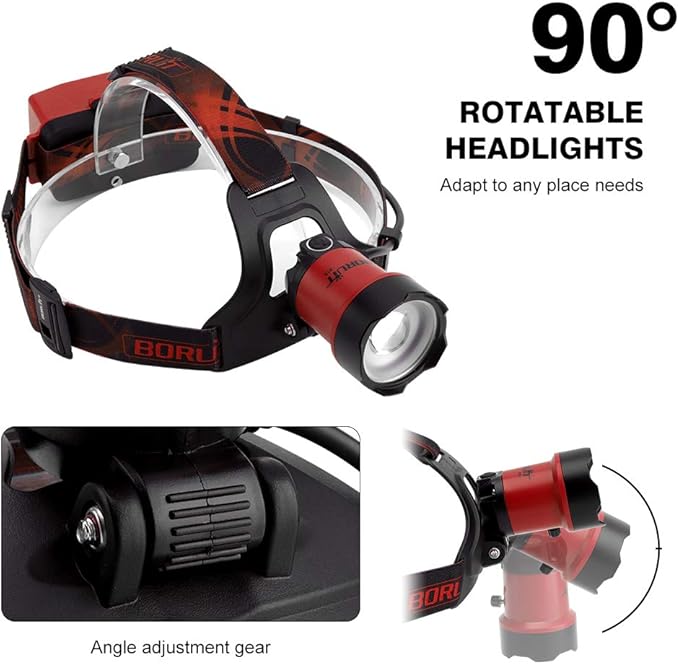 BORUIT B13 Headlamp Rechargeable, LED Super Bright Head Lights for Forehead, 90° Adjustable, 4 Modes Battery Powered Head Lamp, IPX4 Waterproof