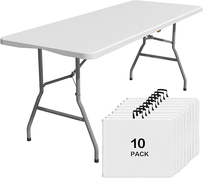 10 Pack Foldable Table 6ft, Plastic Folding Table, Portable Heavy Duty Dining Table with Lock Function & Carrying Handle, Outdoor Indoor Foldable White Table for Camping Party Picnic