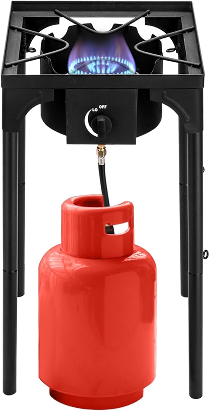 Outdoor Camp Stove High Pressure Propane Gas Cooker Portable Cast Iron Patio Cooking Burner with Removable Legs, Adjustable Heat Dial for Backyard BBQ, Baking and Stir Frying(Single Burner 75000-BTU)