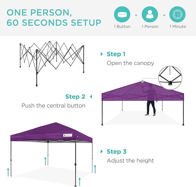 Best Choice Products 10x10ft Pop Up Canopy Tent, Outdoor Shade, 1 Person 1 Minute Set Up, Carry Case, 4 Weight Bags - Amethyst Purple