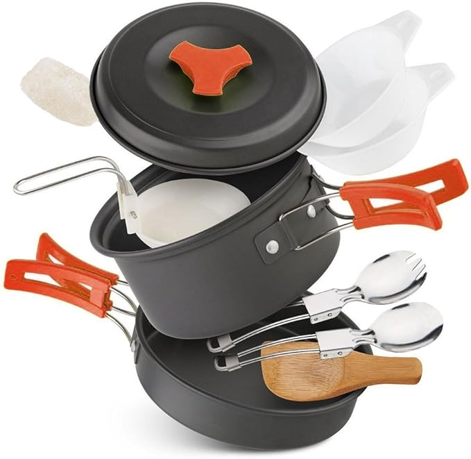 12 PCS Lightweight Camping Cookware Set – Non-Stick Pots, Pans & Utensils for Backpacking, Hiking & Outdoor Cooking – Compact Mess Kit for 2-3 People (Orange, Aluminum)
