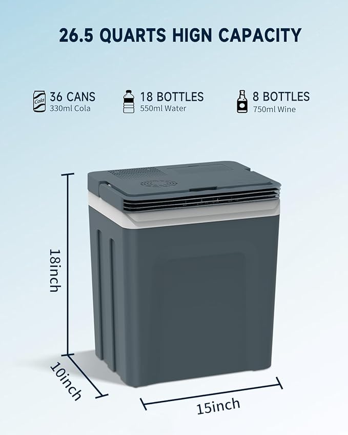 SubSun Electric Cooler and Warmer with Handle，27 Quart (25 L) Portable Thermoelectric Fridge， Car Fridge Cooler with 12V DC & 110 AC for Camping, Travel & Picnics,Grey