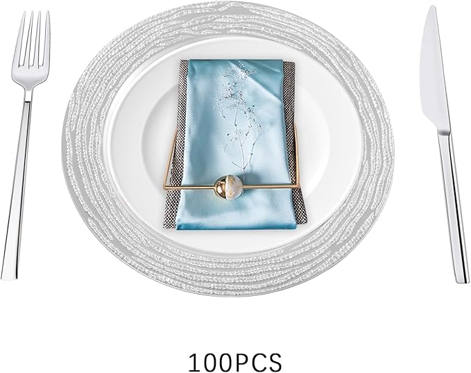 100 PCS Antique Charger Plates Bulk, 13'' Plastic Embossed Dinner Plate Chargers Round Floral Plates for Wedding Decorative Chargers for Table Dinner Kitchen Party Decoration (Silver)