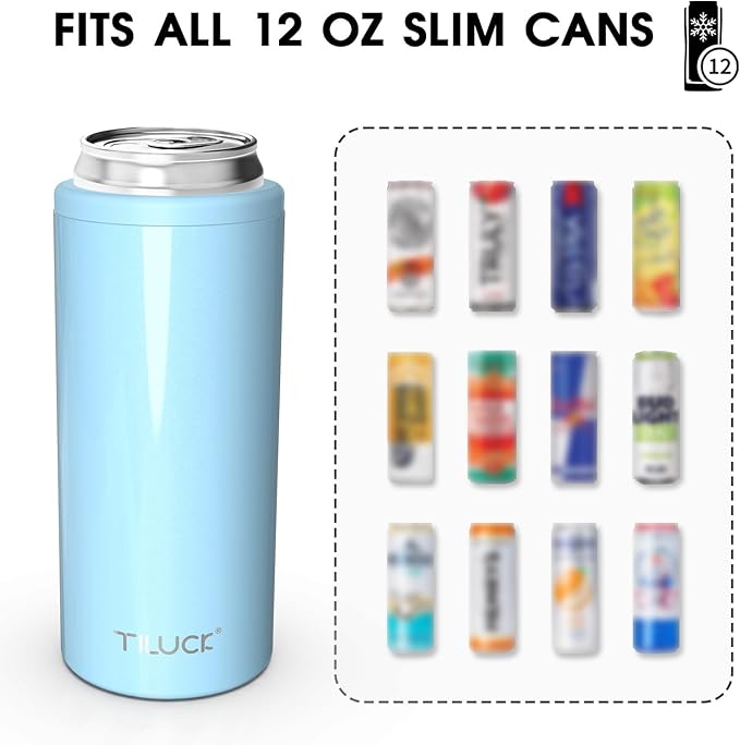TILUCK Skinny Can Cooler for Slim Beer & Hard Seltzer, Stainless Steel, Doucle-Walled Stainless Steel Insulated Slim Cans, Standard 12 oz (Glitter Sky)
