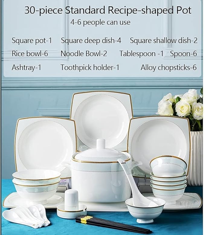 Ceramic Tableware Set Bone China Tableware Plates Ceramic Combination Tableware Set Porcelain Service for 10, Phnom Penh Tableware Set (30 Pieces)