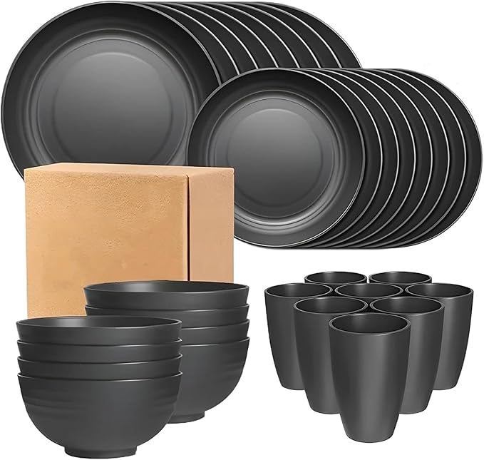 16/32pcs Tableware Set, Include Plates, Bowls Cups For Home Family Day Camping Picnic Party, Kitchen Supplies(16-piece Set Black)