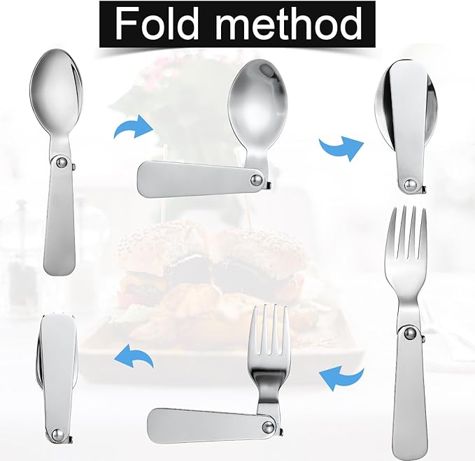 BOXOB 2pcs Folding Spoon & 2pcs Foldable Forks for Thermos Funtainer 10oz Food Jars, Portable Replacement Stainless Steel Spoons Forks for Travel Camping Picnic Outdoor Activities