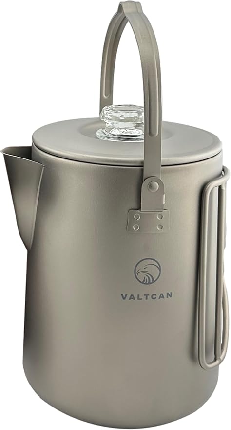 Valtcan Titanium Percolator Coffee Maker World's First Full Titanium, 6-Cup 1.5L, 395g Ultralight, No Metallic Taste, CNC Filter, Glass Brew Viewer, Campfire & Stovetop, Grade 1 Ti, Carry Case