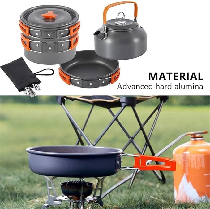 Aluminum Kitchen Set Camping Pot Kit Kettle Travel Mountaineering Picnic BBQ Cutlery Equipment (Color : A, Size