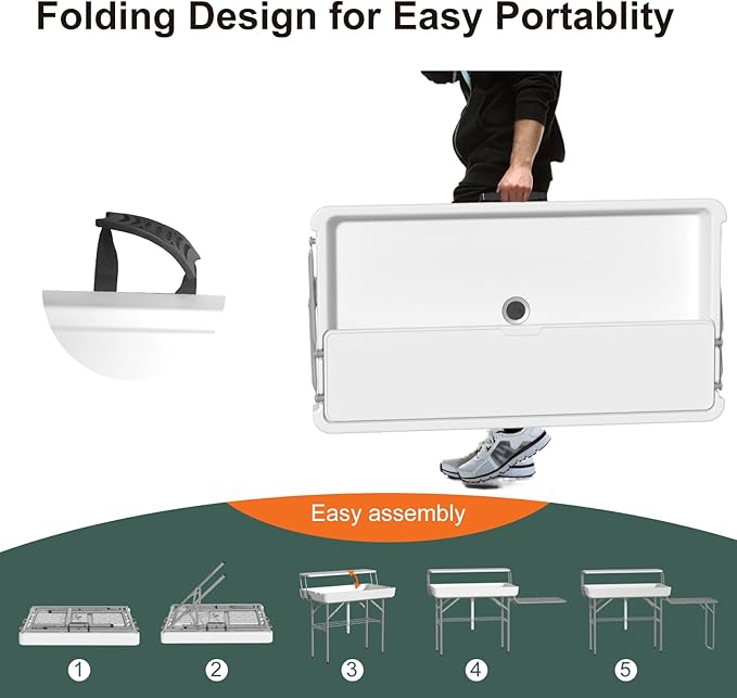 Two Tier Ice Cooler Table with Foldable Extension Stand, 4 Foot Outdoor Ice Table with Matching Skirt & Drain Hose, Folding Cooler Server with Metal Shelf for Party, BBQ, Camping Picnic, White