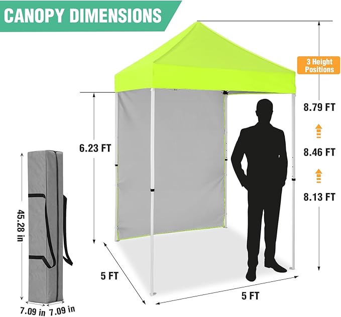 5x5 Pop Up Canopy Tent with One Sidewall, Instant Portable Beach Canopy, Outdoor Tent with Carry Bag for Camping, Sports, Tailgating, Events, Neon Green