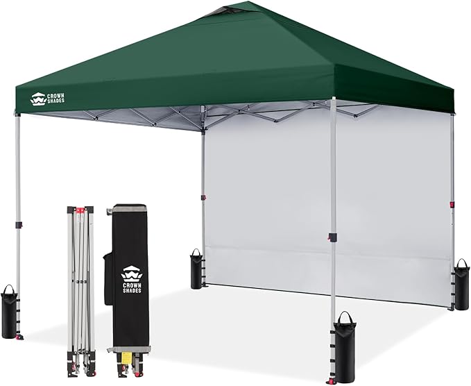 CROWN SHADES 12x12 Pop Up Canopy Tent Instant Commercial with 150D Silver Coated Fabric Including 1 Removable Sidewall, 4 Ropes, 8 Stakes, Weight Bags, STO 'N Go Bag, Forest Green