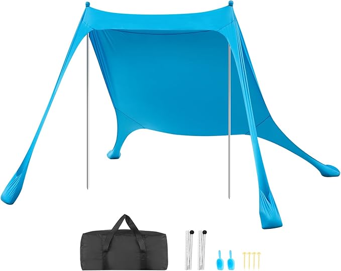 VEVOR Beach Tent Sun Shelter, UPF50+ Sun Protection, 6.6 ft Tall, 7.5x7.5 ft, Easy Pop Up Beach Canopy with Sandbags, Stability Poles, Sand Shovels, Portable Shade for Family Outings, Camping, Fishing