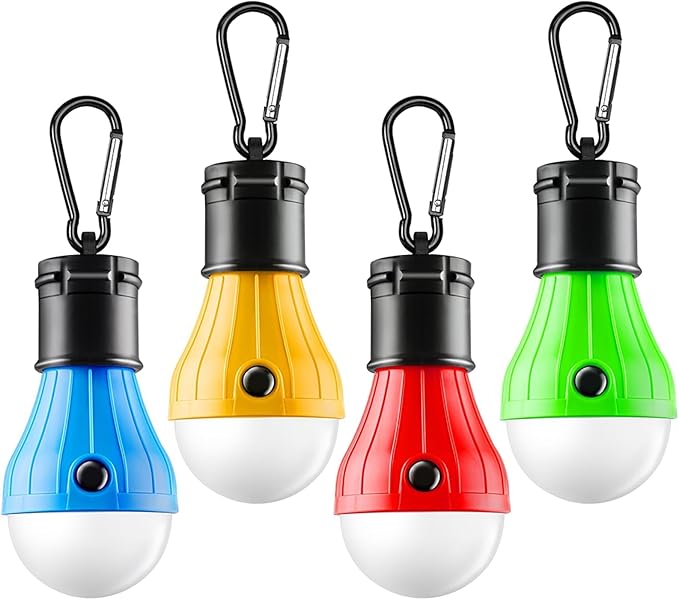 Portable LED Tent Lamp, Clip Hook Hurricane Emergency Light Bulb, Camping Equipment Lanterns for Hiking, Backpacking Outage, B-CLOSED-HOOK, 4 Packs