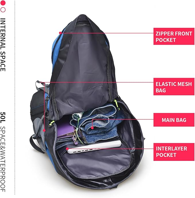 Bseash 50L Hiking Backpack, Water Resistant Lightweight Outdoor Sport Daypack Travel Bag for Camping Climbing Skiing Cycling (Light Blue - No Shoe Compartment)