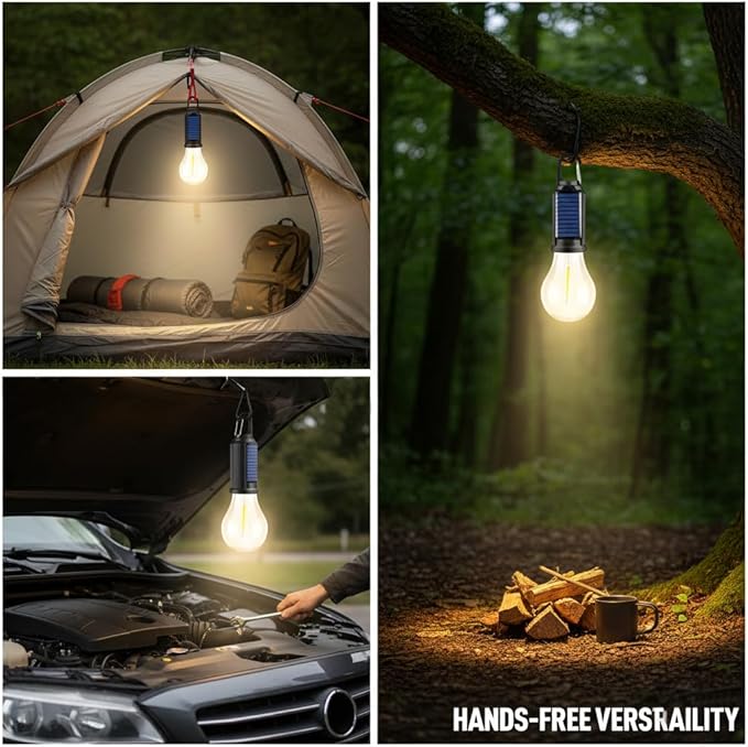 MODOAO 4 Pack Solar LED Camping Light, Rechargeable Outdoor Tent Lantern, Emergency Bulb Light with Clip Hook, Suitable for Camping, Hiking, and Barbecues