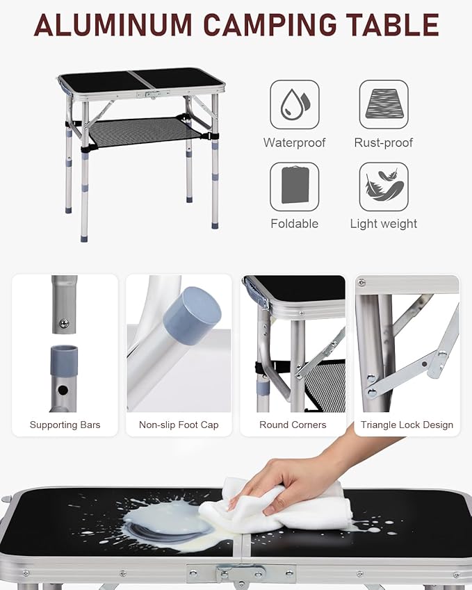 Outvita Folding Table, 2FT Aluminum Camping Table with Storage Adjustable Height Picnic Table Lightweight for Carring Outdoor Party Events Beach