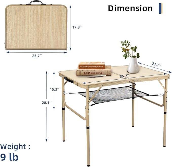 Folding Table 3FT Camping Table 2 Adjustable Height Lightweight Portable Aluminum Mini Foldable for Picnic Beach Indoor Outdoor, Yellow