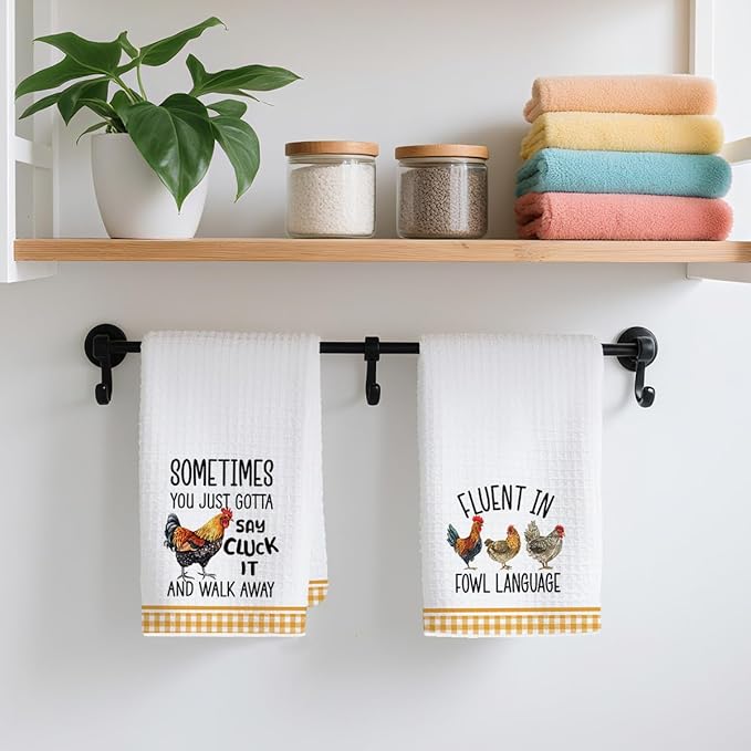2Pcs Funny Kitchen Towels 24x14 Inch, Rooster Chicken Kitchen Decor Waffle Weave Hand Towels for Farmhouse, White Absorbent Microfiber Dish Cloth Tea Towel Chicken Gifts for Women Mom 3