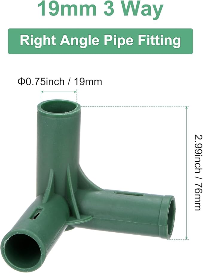 4 Pcs 19mm Greenhouse Frame Building Connectors, 3 Way Right Angle Pipe Fitting for Grape Trellis/Sunscreen Shed/Gardening Plant Stakes, Greenhouse Accessories [Green]