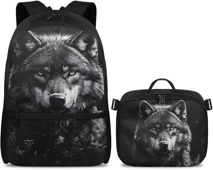 Wolf Backpack for Men Black Bookbag with Lunch Box Lightweight Satchel Bag with Adjustable Shoulder Strap for Men Casual Book Bag for Travel Outdoor