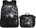 Wolf Backpack for Men Black Bookbag with Lunch Box Lightweight Satchel Bag with Adjustable Shoulder Strap for Men Casual Book Bag for Travel Outdoor
