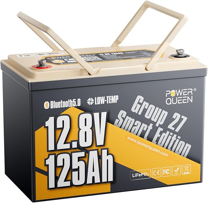 Power Queen Lithium Battery 12V 125Ah, Bluetooth Group 27 LiFePO4 Battery with Low-Temp Protection, 1600Wh Energy Max. 15000 Cycles for RV, Solar System, Trolling Motor